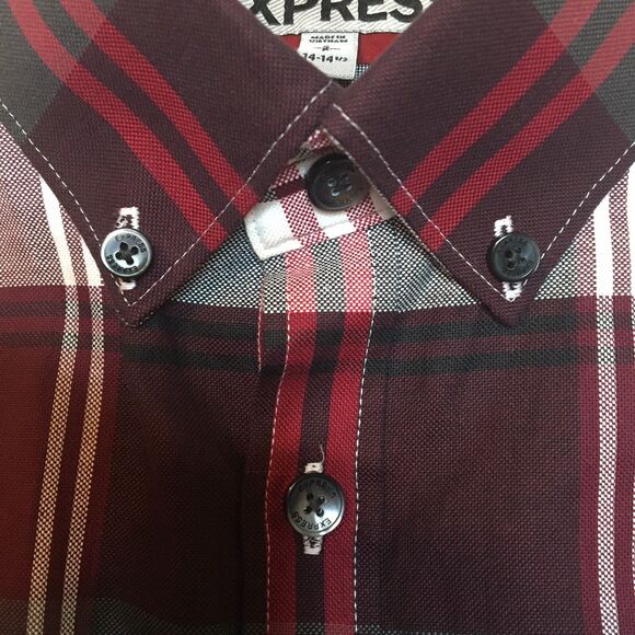 Express Mens Dress Shirt S Plaid Red White Gray Maroon Fitted Button Up 14 -14.5 - Picture 3 of 6